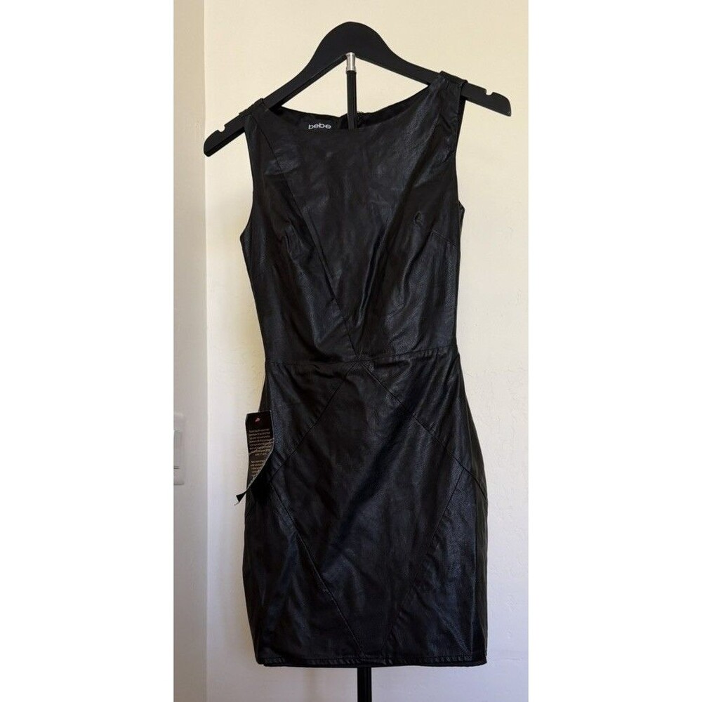 Bebe New Faux PU Leather Pieced Sleeveless Sheath Dress XXS 00 Black NWT